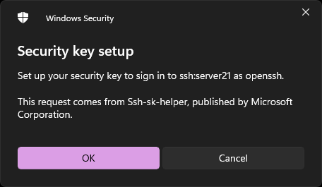 screenshot of a security prompt from Microsoft Windows, informing the user they are about to use their security key for OpenSSH.