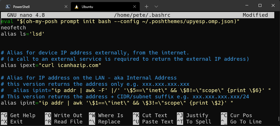 screenshot of a terminal running Linux with the Bash shell.  The editor Nano is running and the contents of .bashrc are displayed.