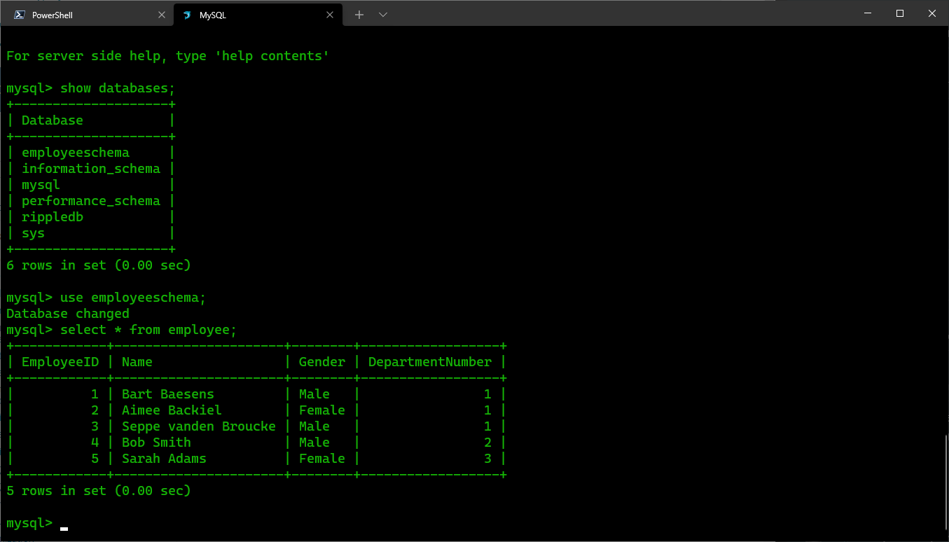 screenshot of Windows Terminal running a MySQL terminal, with some SQL commands