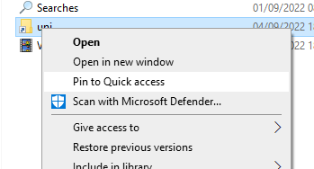 screenshot of right-click context menu with Pin to Quick access selected