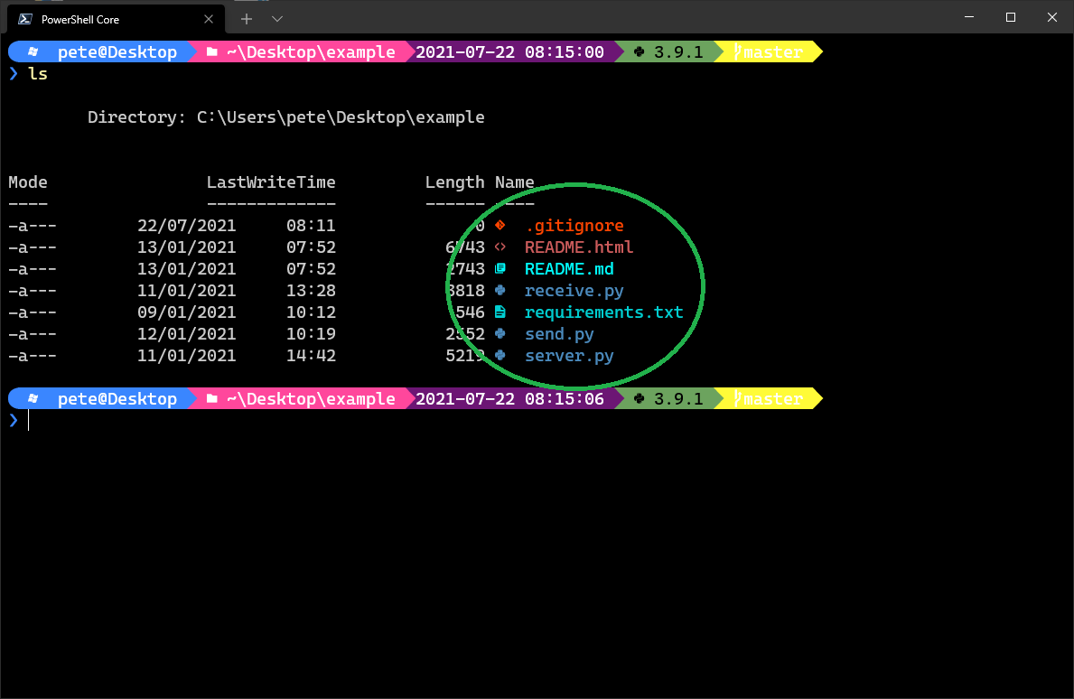 screenshot of PowerShell with colour file names and icons